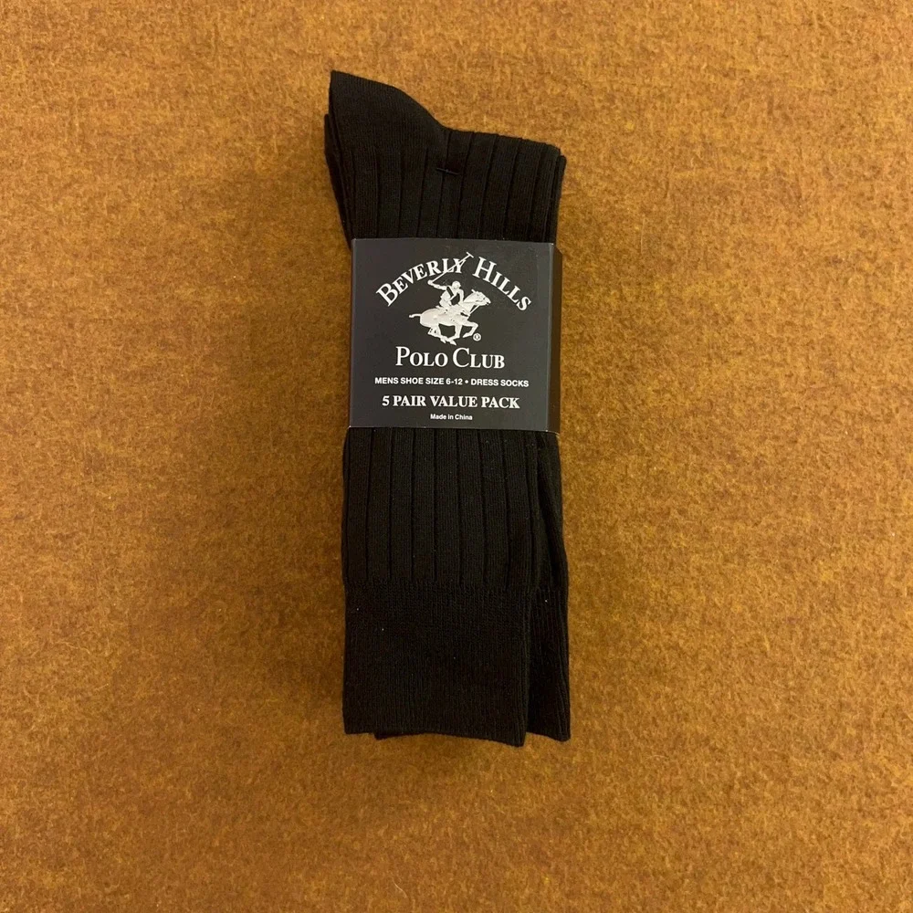Beverly Hills Polo Club Mens 6-12 Black 5 Pair Ribbed Dress Socks Pack NWT